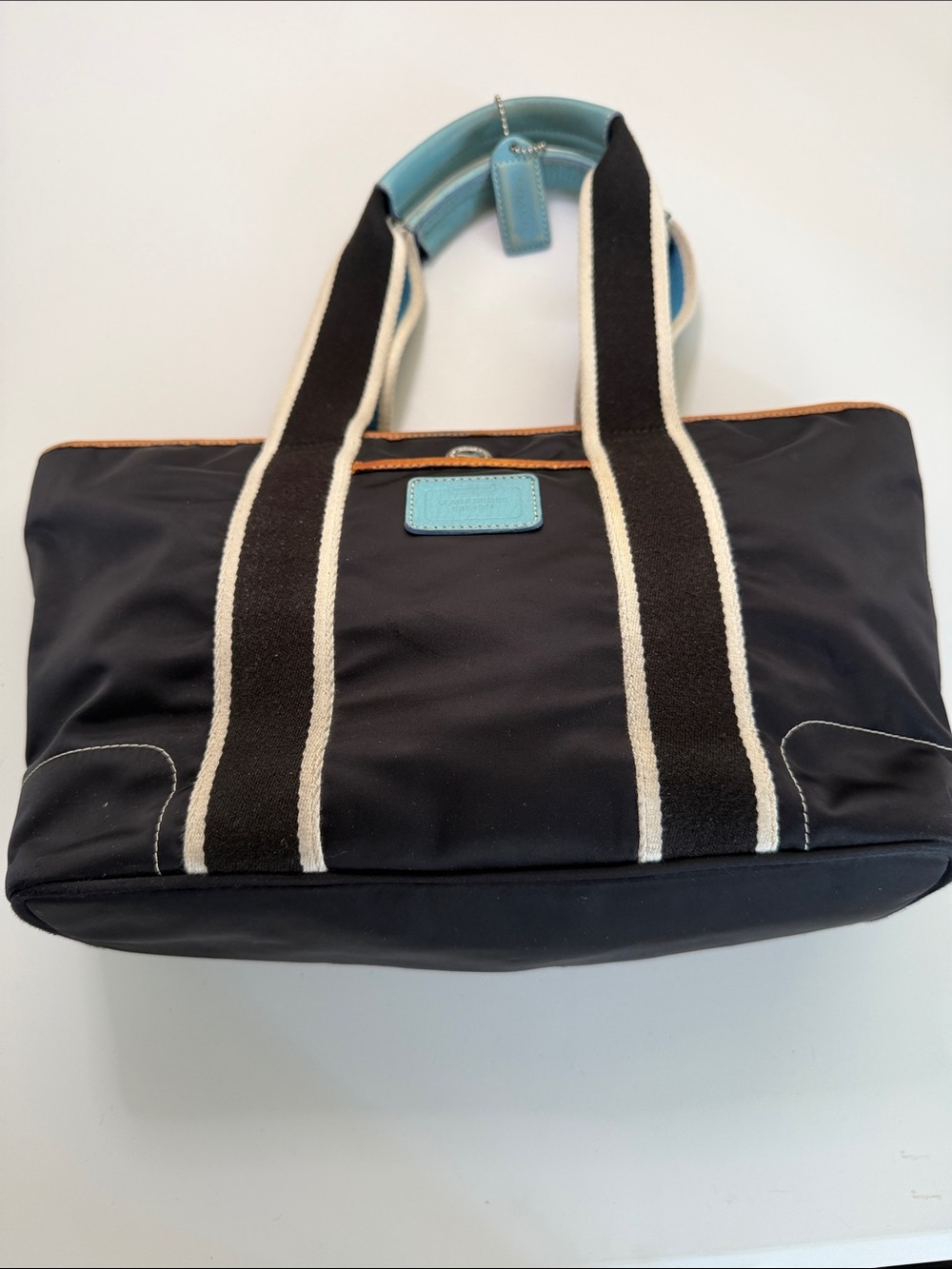 Coach Black Shoulder Tote with Light Blue Trim